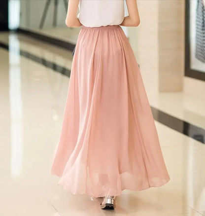 Women's Elegant High Waist Chiffon Skirt Elastic Waist Casual Long Maxi Skirts Saias 80/90/100cm 22 Color 2024 Summer Autumn New