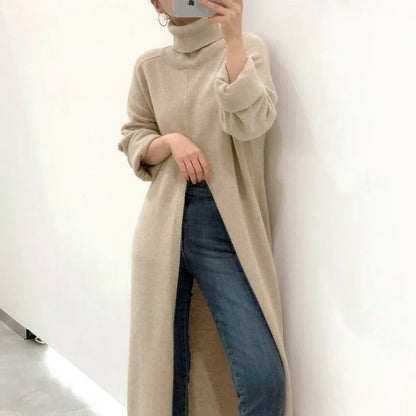 2021 Korean Style Turtleneck Long fall winter Sweater Dress Side split Female Pullover mujer sueteres