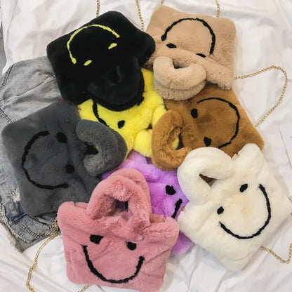 Women aplush smiley handbag buckle shoulder bag cute soft ladies chainladies faux fur bag female party little girlChristmas gift