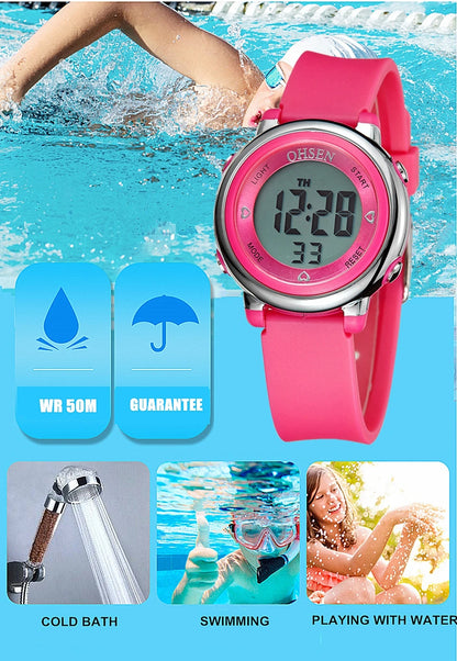 New Design Watch for Girl Women Sport digital LCD Watch 50M Diving Purple silicone strap cartoon Children wristwatch Kid Gift