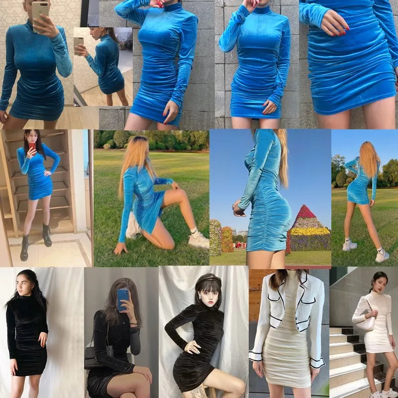 Sexy Bodycon Velvet Mini Dress Women Autumn Long Sleeve High Neck Party Dresses Female Velvet Sheath Dress Robes Vestido