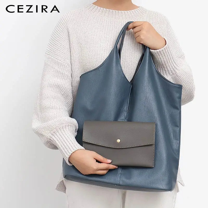 CEZIRA Fashion Individual Design Shoulder Bag For Women Vegan Leather Tote Two Colors Reversible Ladies PU Hobo Coin Purse Femal