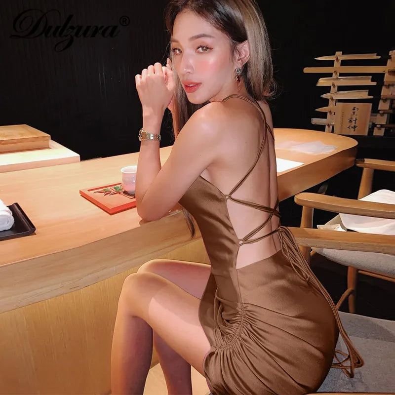 Satin Women Strap Mini Dress Ruched Lace Up Cross Bandage Backless Bodycon Sexy Party Elegant 2023 Club Christmas Slim