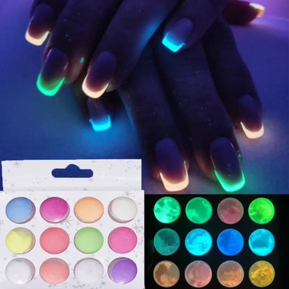 12 Boxes/Set Glow In Dark Glitter Nail Phosphorescent Powder Pigment Luminous  Shining Halloween Christmas Nail Art Decorations