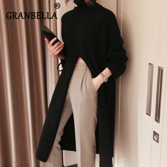 2021 Korean Style Turtleneck Long fall winter Sweater Dress Side split Female Pullover mujer sueteres