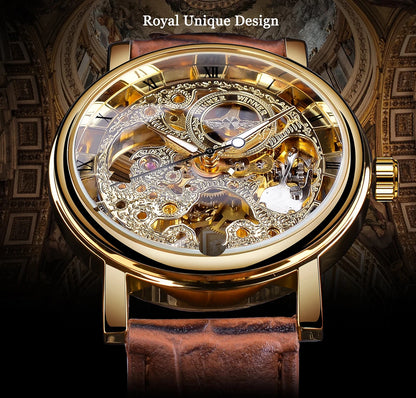 Winner Transparent Golden Case Luxury Casual Design Brown Leather Strap Mens Watches Top Brand Luxury Mechanical Skeleton Watch