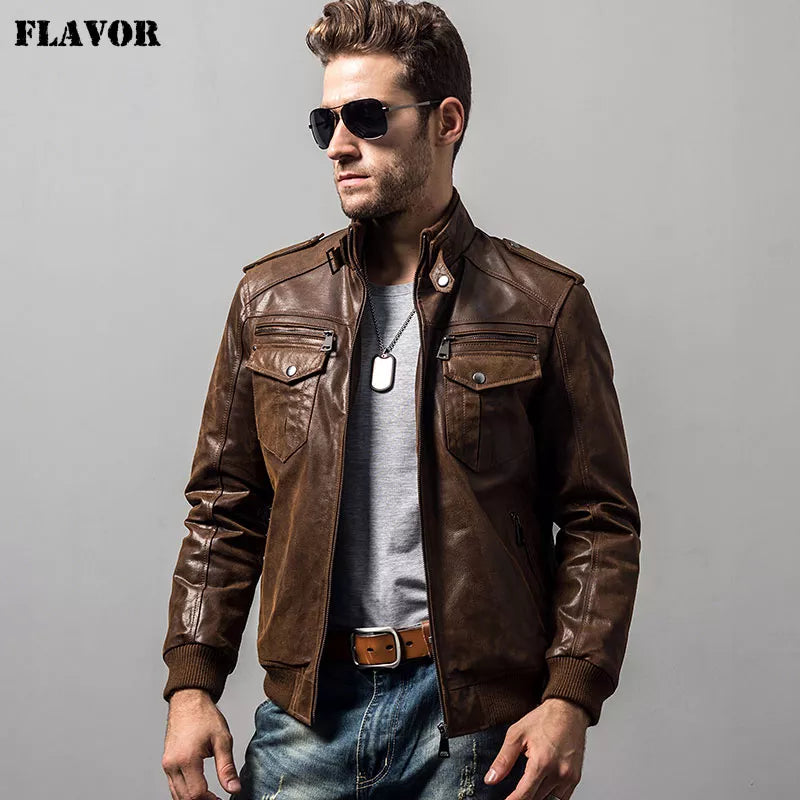 Men's pigskin motorcycle real leather jacket padding cotton winter warm coat male Genuine Leather jacket