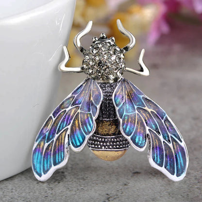 Blucome Beautiful Green Purple Enamel Insect Bee Brooch Crystal Gold-color Alloy Metal Brooches For Shoulder Scarf Sweater Pins