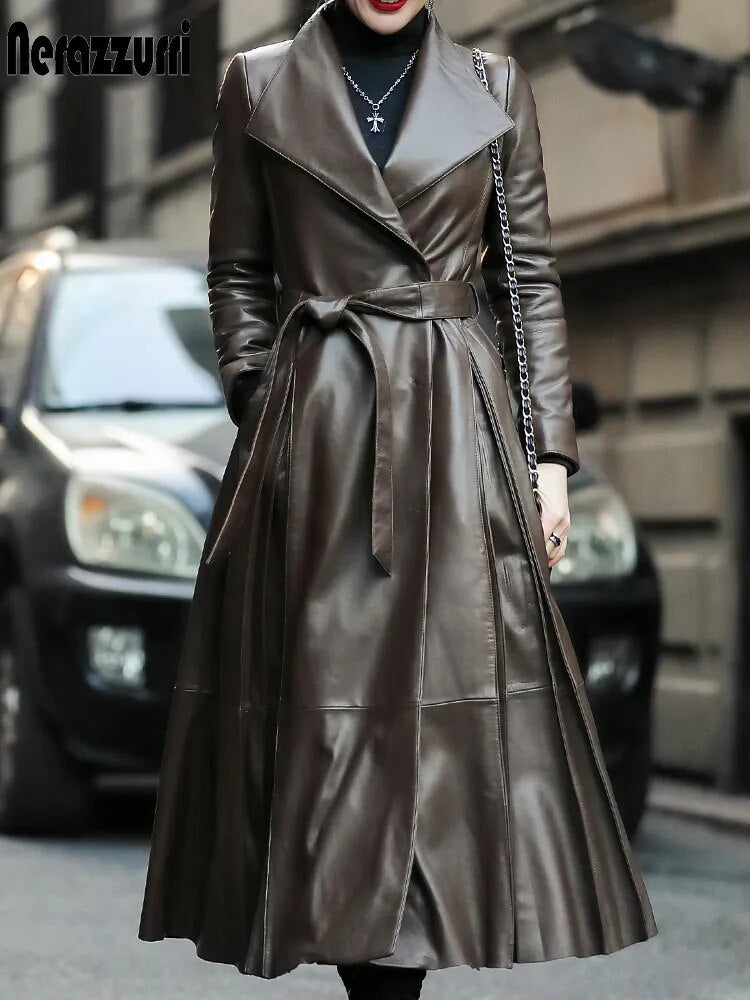 Nerazzurri Autumn Long Brown Black Soft Faux Leather Trench Coat for Women Belt Skirted Elegant Luxury Fashion 5xl 6xl 7xl 2022