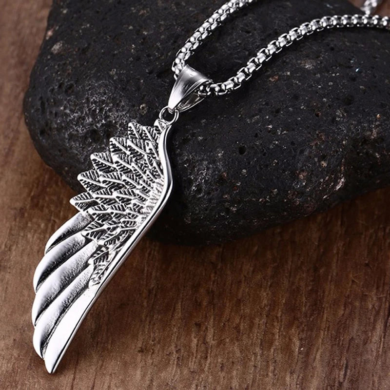 Men Pendant Necklaces, Gothic Vintage Angel Wings Feather Pendant Stainless Steel Necklaces. Man Jewely