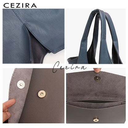 CEZIRA Fashion Individual Design Shoulder Bag For Women Vegan Leather Tote Two Colors Reversible Ladies PU Hobo Coin Purse Femal