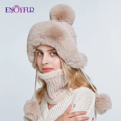 ENJOYFUR Women bomber hat scarf set for winter warm faux rabbit fur caps thick lined ear flap beanies for girls