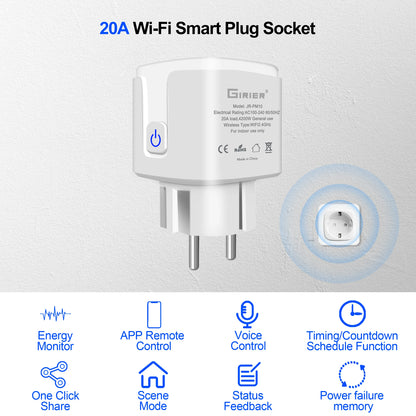 GIRIER Tuya Wifi Smart Plug 20A EU Smart Socket Outlet with Power Monitor Timer Function 4200W Compatible with Alexa Google Home