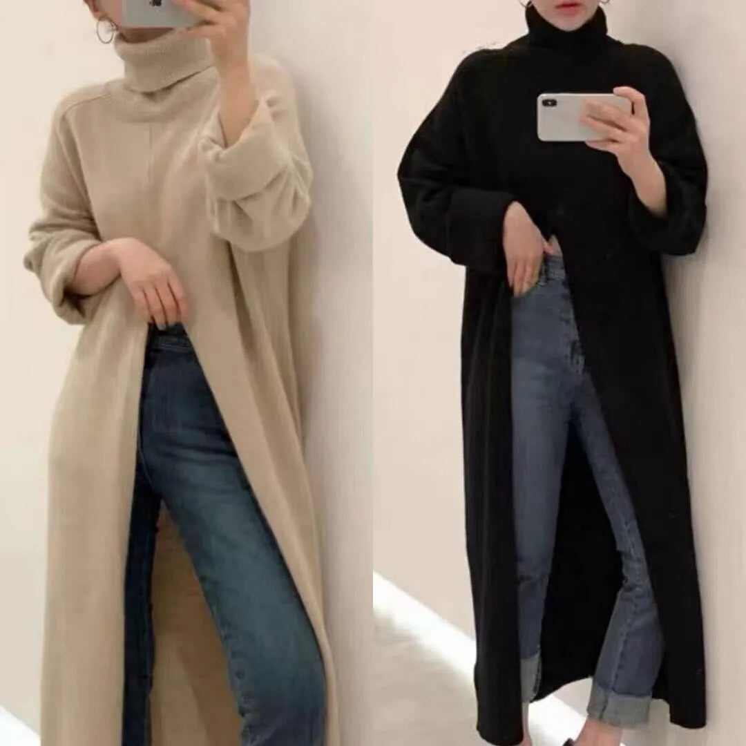 2021 Korean Style Turtleneck Long fall winter Sweater Dress Side split Female Pullover mujer sueteres