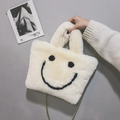 Women aplush smiley handbag buckle shoulder bag cute soft ladies chainladies faux fur bag female party little girlChristmas gift