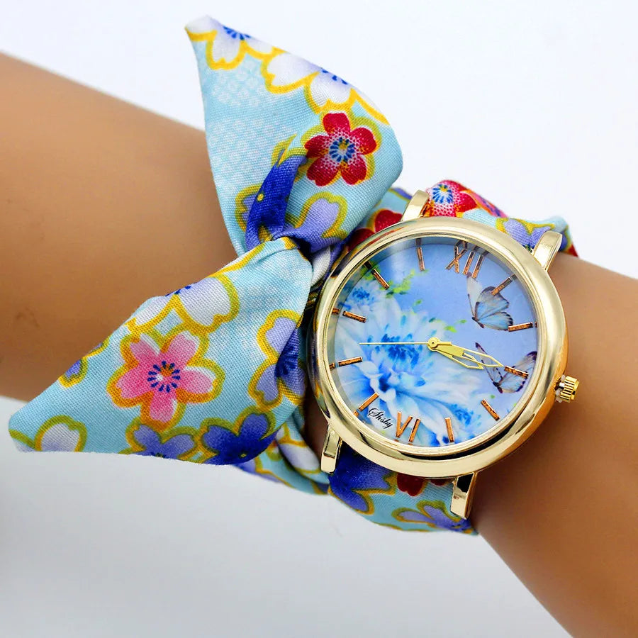 New Woman's Watch Fashion Luxury Ladies Quartz Wristwatch Top Brand Floral Cloth Bracelet Watch Flower Women Watches