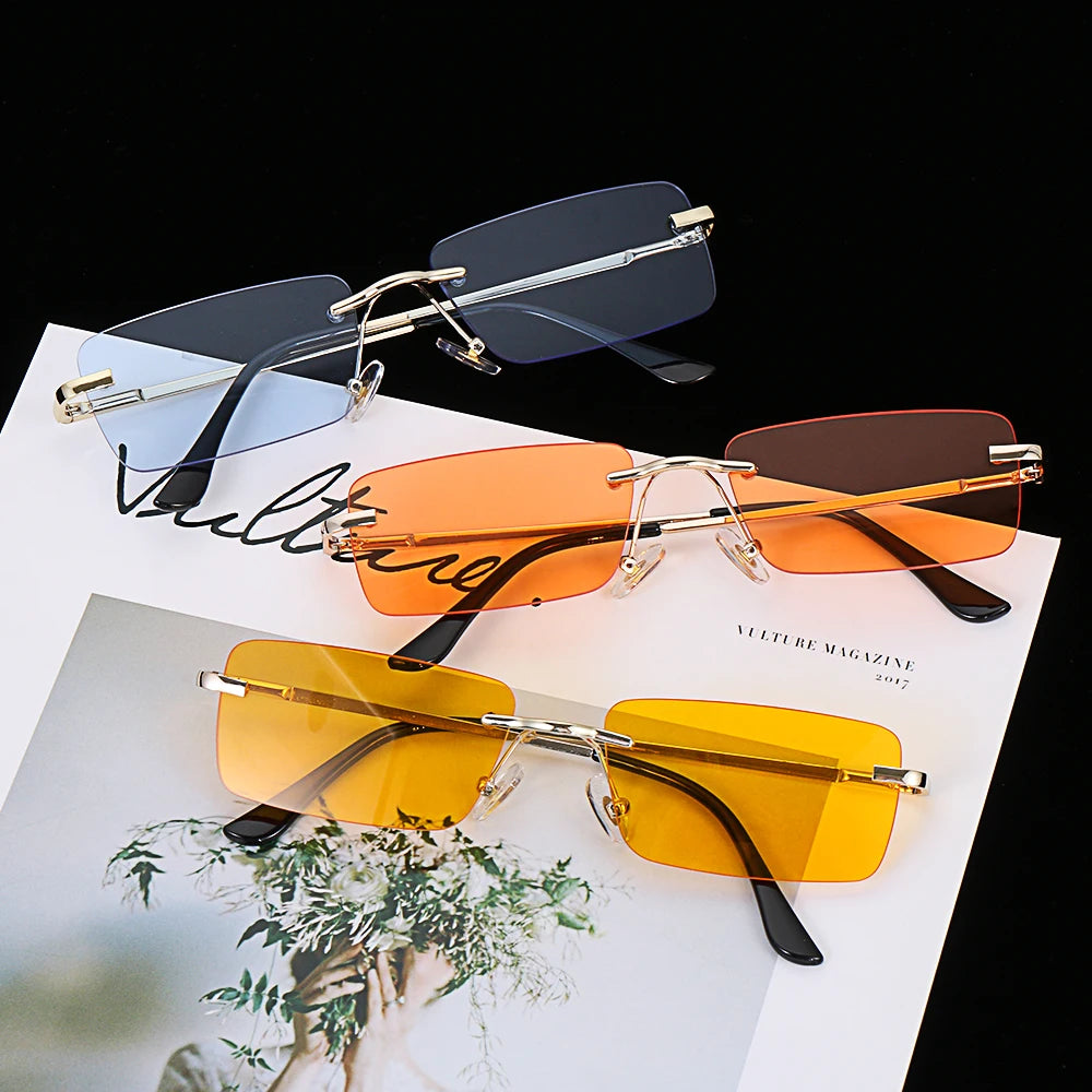 Luxury Fashion Rectangle Rimless Women Sunglasses Unisex Retro Gradient Color Eyewear UV400 Travel Vintage Sunglasses For Men