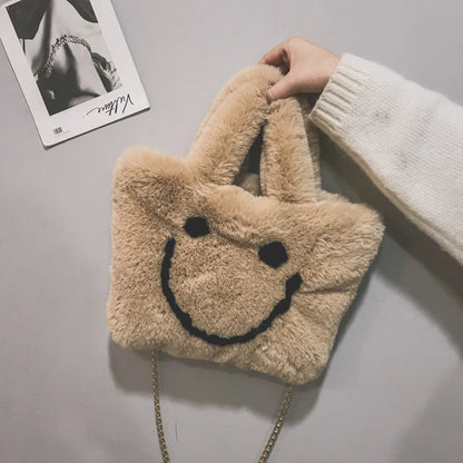 Women aplush smiley handbag buckle shoulder bag cute soft ladies chainladies faux fur bag female party little girlChristmas gift