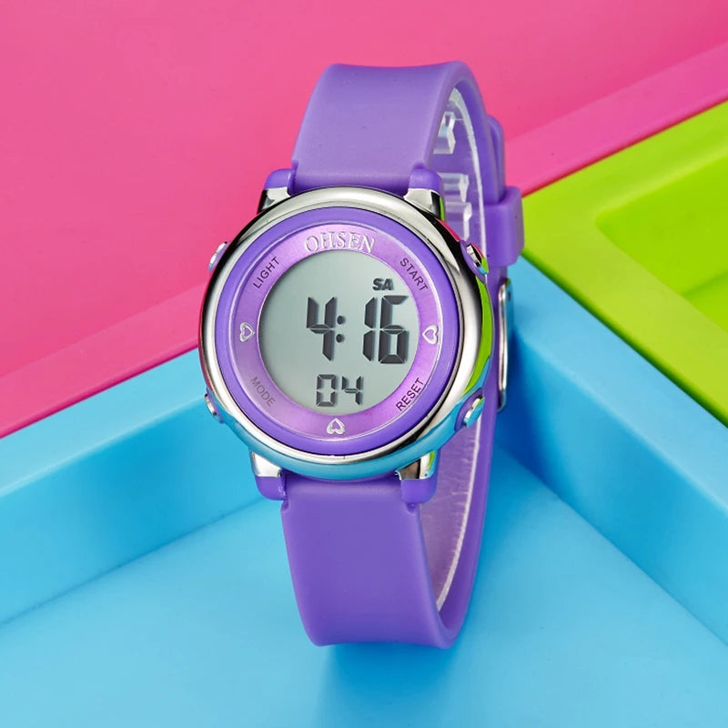 New Design Watch for Girl Women Sport digital LCD Watch 50M Diving Purple silicone strap cartoon Children wristwatch Kid Gift