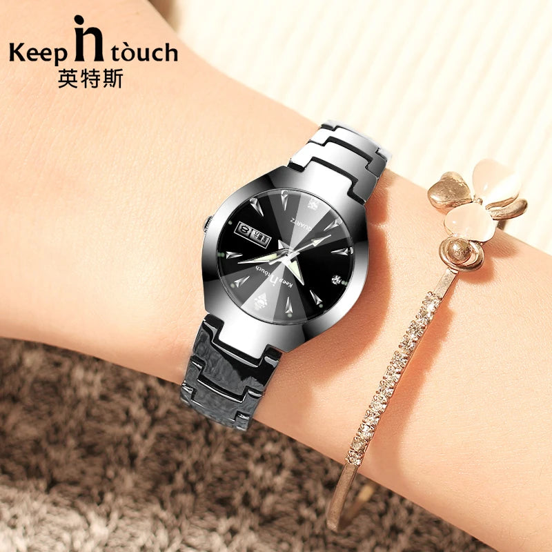 KEEP IN TOUCH Black Silver Watch Women Quartz Calendar Rhinestone Dress Bracelet Women's Watch Ladies Luminous Relogio Feminino