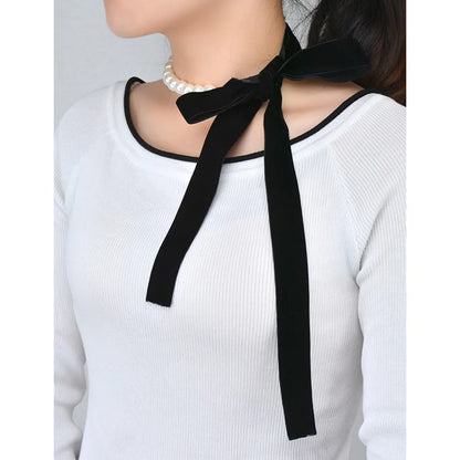 Punk Long Wide Black Velvet Ribbon Choker Bow Tie Simulated-Pearl Beads Charm Collar Necklace Gothic Jewelry New Year Gifts