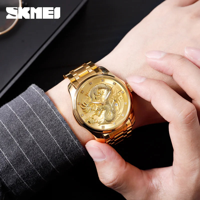 SKMEI New Luxury Chinese Dragon Pattern Men Golden Quartz Watch Male Watches Waterproof Wristwatches Relogio Masculino 9193