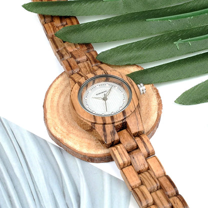 Women Watches All Zebra Wood Case Rhinestone Dial Ladies Dress Watch with Quartz in Wooden Box