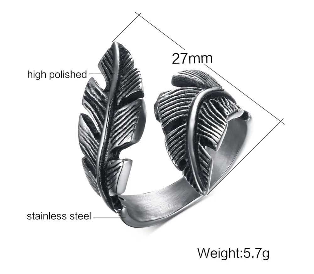 Ring Men Angel Feather Stainless Steel Vintage Feathers Wrap Punk Bike Fashion Jewelry