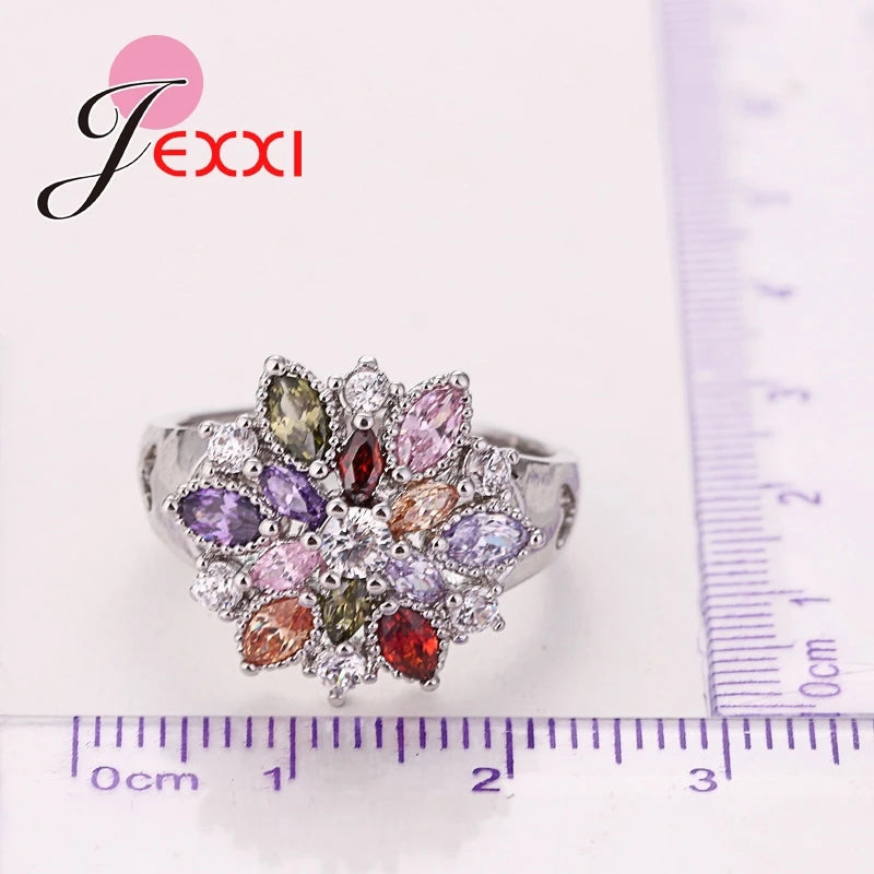 Girls Bling Jewelry Finger Accessories Fashion 925 Sterling Silver Colorized Flower Shape Rings Wholesale