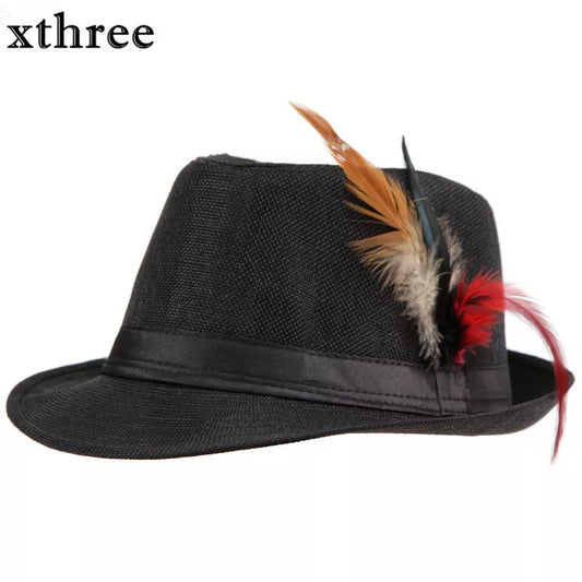 Xthree Trendy Unisex Side with feathers Fedora Trilby Gangster Cap For Women Summer Beach Sun Straw Panama Hat Men Fashion Hats