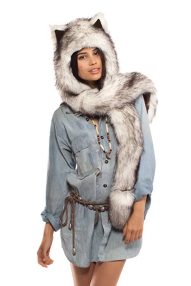 Women/Men Winter Faux Fur Hood Animal Hat Ear Flaps Hand Pocket Scarf Hood Hat Wolf Plush Warm Animal Cap with Fur Scarf Gloves