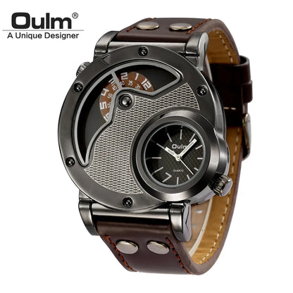 Oulm Two Time Zone Sports Wristwatch Military Army Men's Casual PU Leather Strap Antique Designer Quartz Watch Male Clock