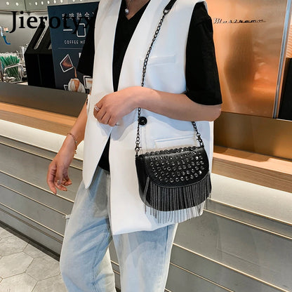 JIEROTYX Original Design Women Bags Leather Diamonds Shoulder Bags Sexy Rivet Shoulder Bag Lady Small Black Tassel Chains