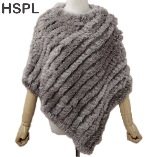 HSPL Fur Poncho 2024 Autumn Real Rabbit Hot Sale Triangle Knitted Women Pullover Lady Pashmina Wrap