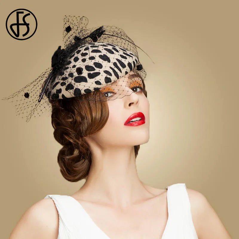 FS Leopard Fascinators Black Pillbox Hat With Veil 100% Australian Wool Felt Wedding Hats Women Elegant Bow Cocktail Fedoras