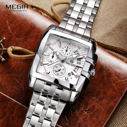 MEGIR hot fashion men's business quartz watches luxury stainless steel wristwatch for man luminous three-eyes watch for male2018