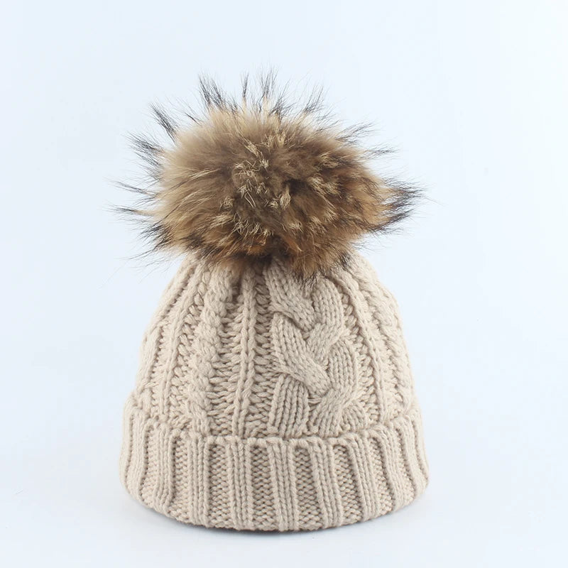 2023 Women Hat Warm Velvet Fleece Inside Beanie Winter Hats For Women Real Fur Pompom Hat Twist Knitted Cap