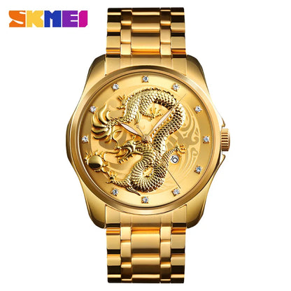 SKMEI New Luxury Chinese Dragon Pattern Men Golden Quartz Watch Male Watches Waterproof Wristwatches Relogio Masculino 9193