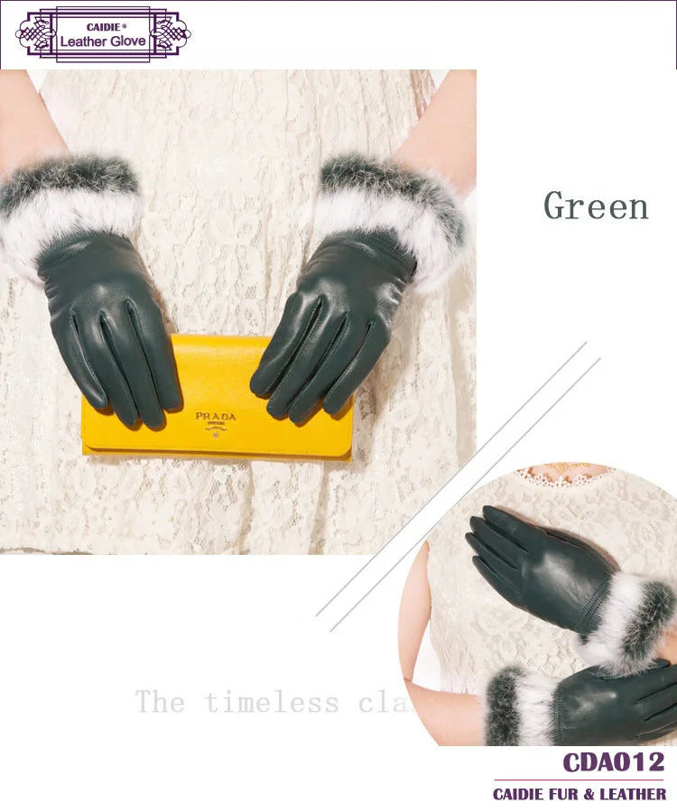 HSPL Genuine leather gloves female thickening leather gloves women's rabbit fur sheepskin thermal gloves