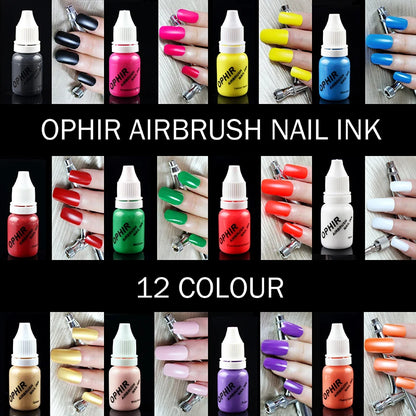 OPHIR 12 Color Airbrush Nail Inks for Stencils Gel Nail Polish 10 ML/Bottle Temporary Tattoo Pigment Nails Tools_TA098(1-12)