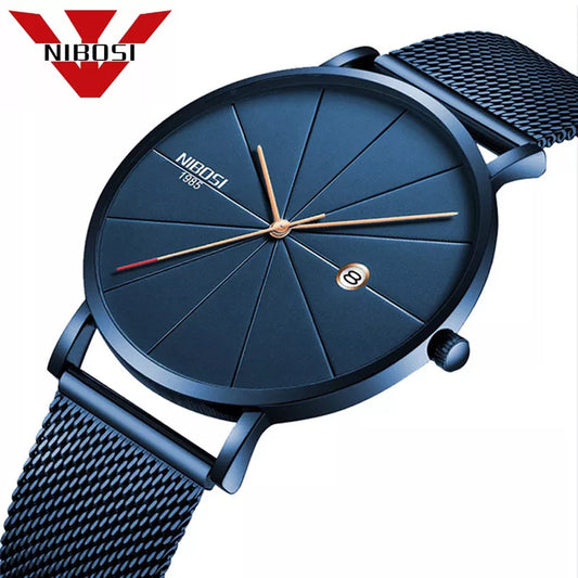 NIBOSI Men Blue Stainless Steel Ultra Thin Watches Men Classic Quartz Watches Luxury Date Men's Wrist Watch Relogio Masculino