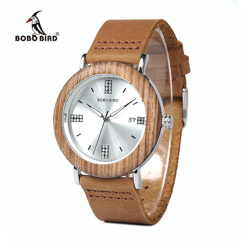 BOBO BIRD Newest Ladies Wooden Watch Calendar Date Gems Imitate Diamond Fashion Quartz Watches for Women Wood Box