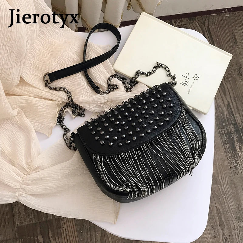 JIEROTYX Original Design Women Bags Leather Diamonds Shoulder Bags Sexy Rivet Shoulder Bag Lady Small Black Tassel Chains