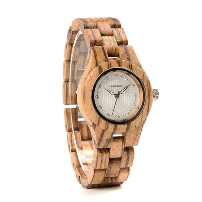 Women Watches All Zebra Wood Case Rhinestone Dial Ladies Dress Watch with Quartz in Wooden Box