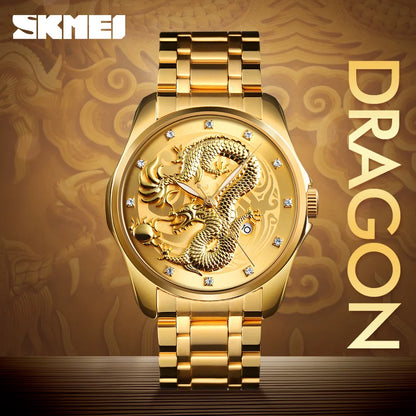 SKMEI New Luxury Chinese Dragon Pattern Men Golden Quartz Watch Male Watches Waterproof Wristwatches Relogio Masculino 9193