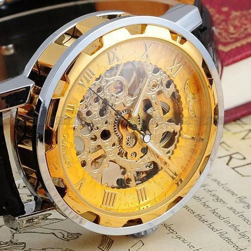 2016 new hot sale skeleton hollow fashion mechanical hand wind men luxury male business leather strap Wrist Watch relogio