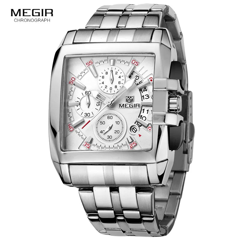 MEGIR hot fashion men's business quartz watches luxury stainless steel wristwatch for man luminous three-eyes watch for male2018