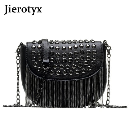 JIEROTYX Original Design Women Bags Leather Diamonds Shoulder Bags Sexy Rivet Shoulder Bag Lady Small Black Tassel Chains