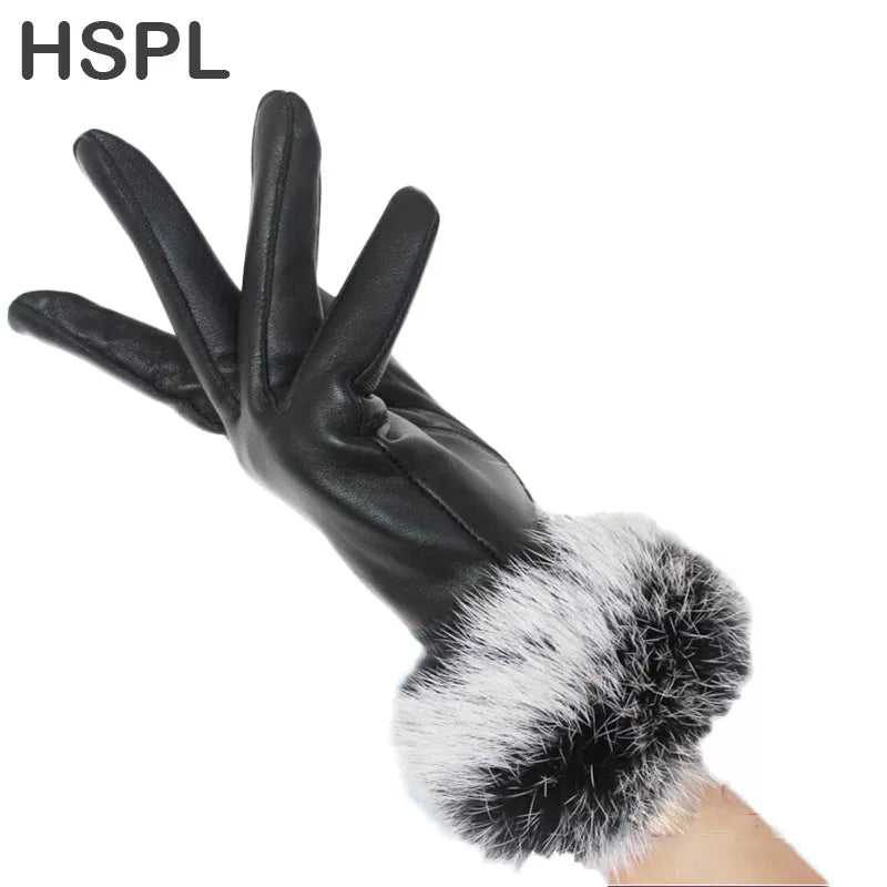 HSPL Genuine leather gloves female thickening leather gloves women's rabbit fur sheepskin thermal gloves