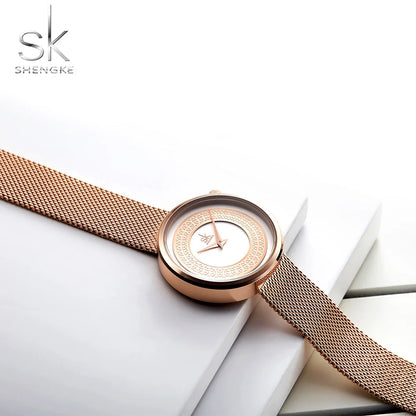 Shengke Women Watches Women Fashion Clock Vintage Design Ladies Watch Luxury Brand Classical Gold Metal Slice Zegarek Damski